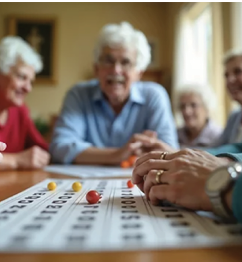 A group of elderly people are sitting around a table playing a game. AI generated content