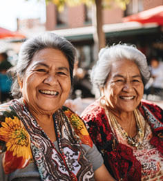 Two women are sitting at a table, smiling and enjoying their time together. AI generated content